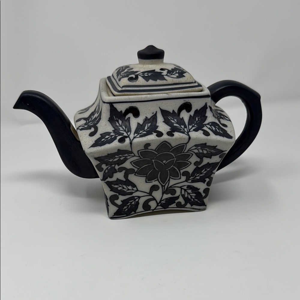 White and Navy Blue Ceramic Floral Teapot Square